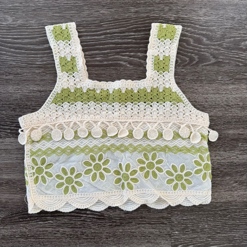 Handmade Crochet Floral Crop Top in Green and Cream